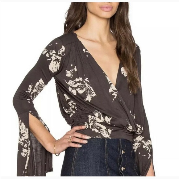 Free People Fiona Boho Floral Surplice Bell Sleeve Blouse - Picture 2 of 5